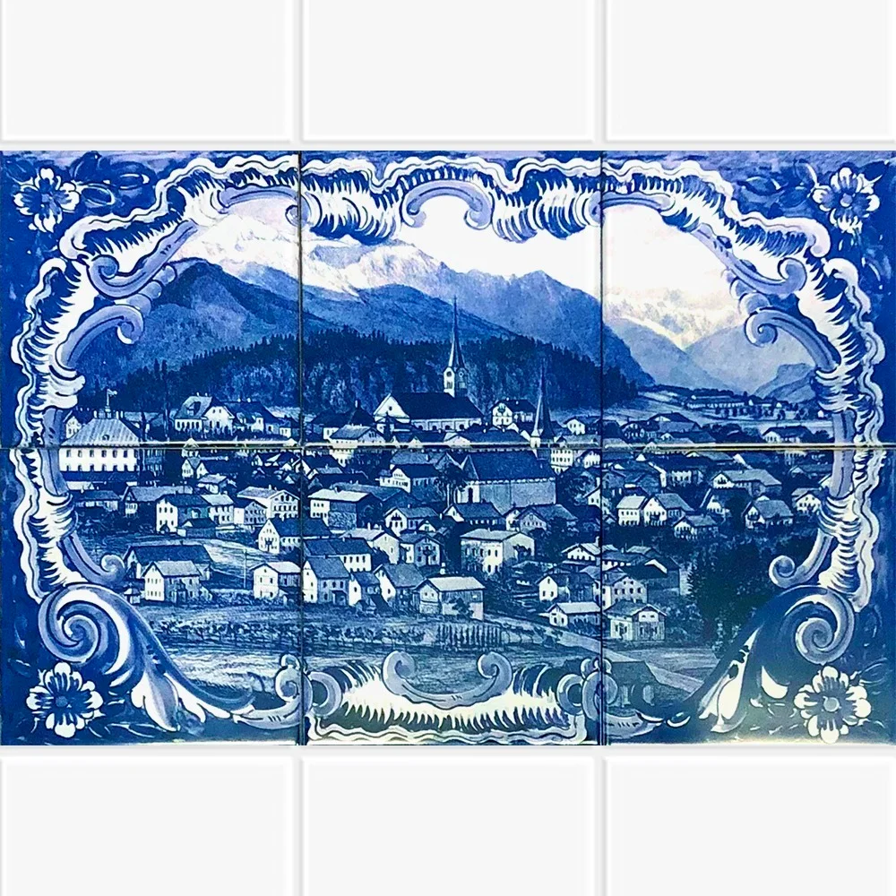 Bedruckte Keramikfliesen mit blauem Stadtpanorama