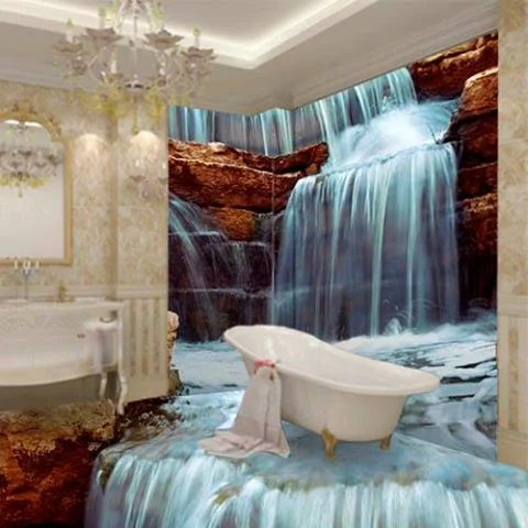 Luxusbad mit 3D-Fliesen: Wasserfall über Felsen bis zur freistehenden Badewanne
