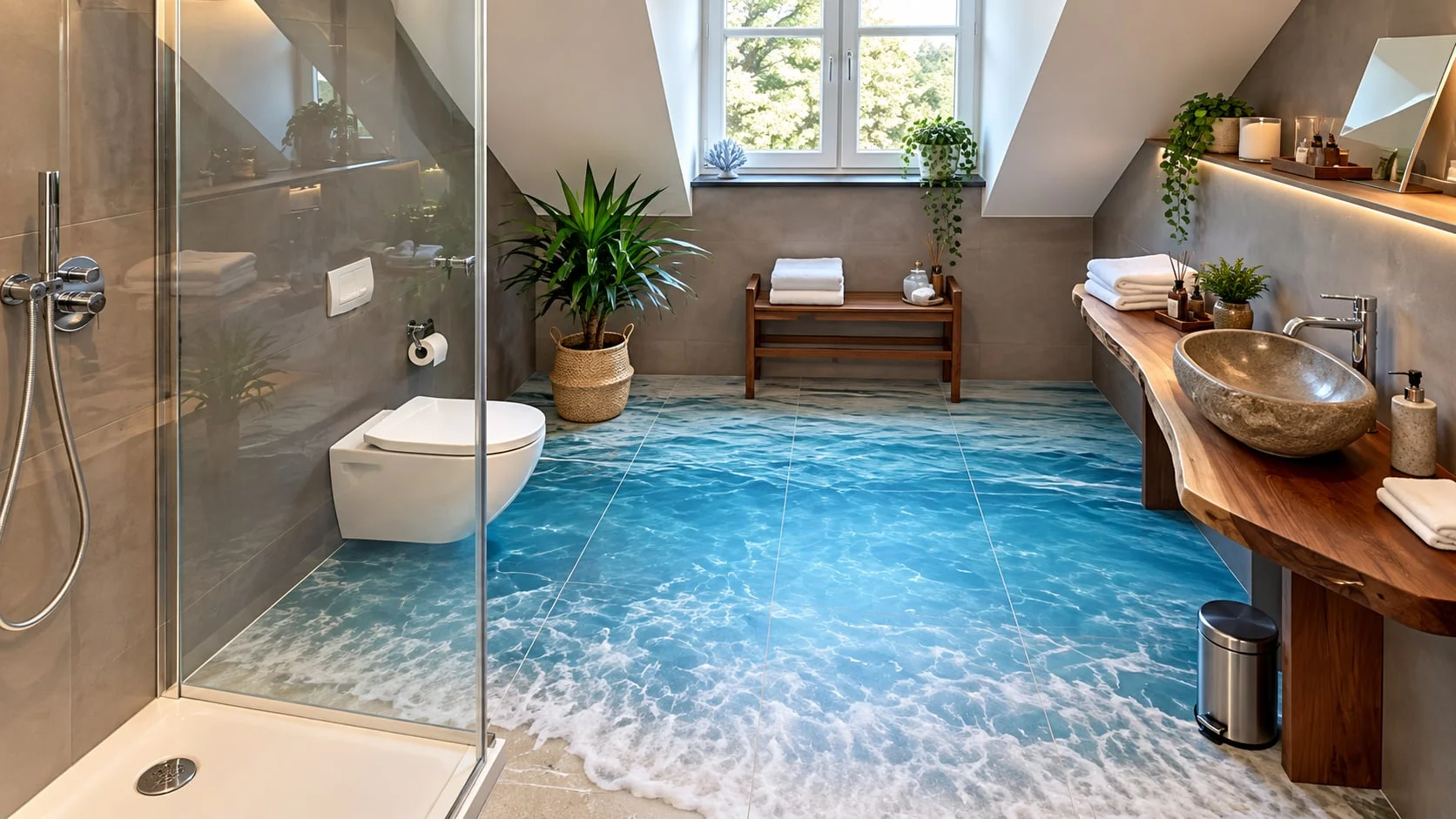 Duschbad mit Meeresmotiv als 3D-Bodenfliese: Wellen und Sandstrand reichen bis zur Glaskabine der Dusche