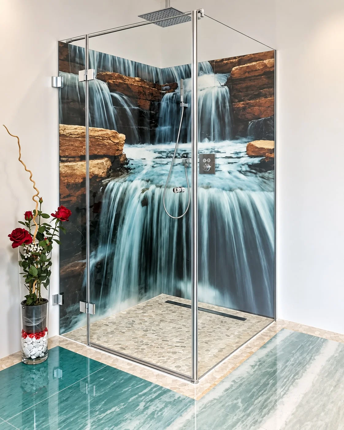 Dusche mit Wasserfall-Motiv auf Wänden und Boden: Felsen, Wasser und Steine setzen sich vom Boden in die Wand fort