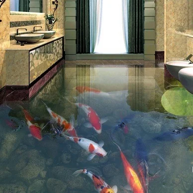Bad mit 3D-Glasfliesen: Bodenfliese mit Koi-Teich und täuschend echtem Wassereffekt