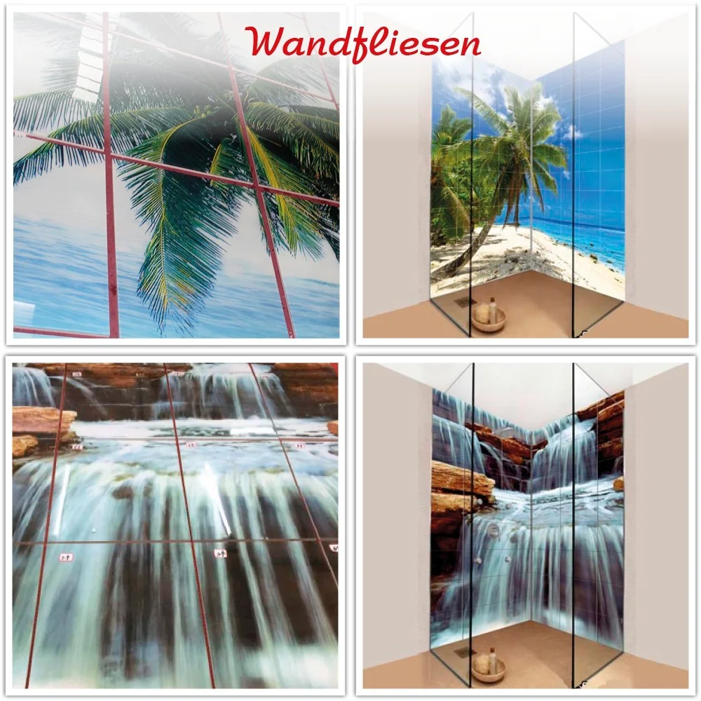 Beispiele für 3D-Wandfliesen: vier Motive mit Palmen am Strand und Wasserfall