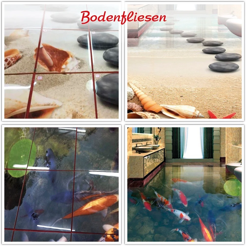 Beispiele für 3D-Bodenfliesen: vier Motive mit Strandsteinen, Muscheln und Koi-Teich