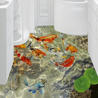 Badezimmerboden mit 3D-Fliesen: Koi-Fische im klaren Wasser