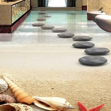 3D-Glasfliesen als Bodenbelag: Trittsteine auf Sandstrand mit Muscheln