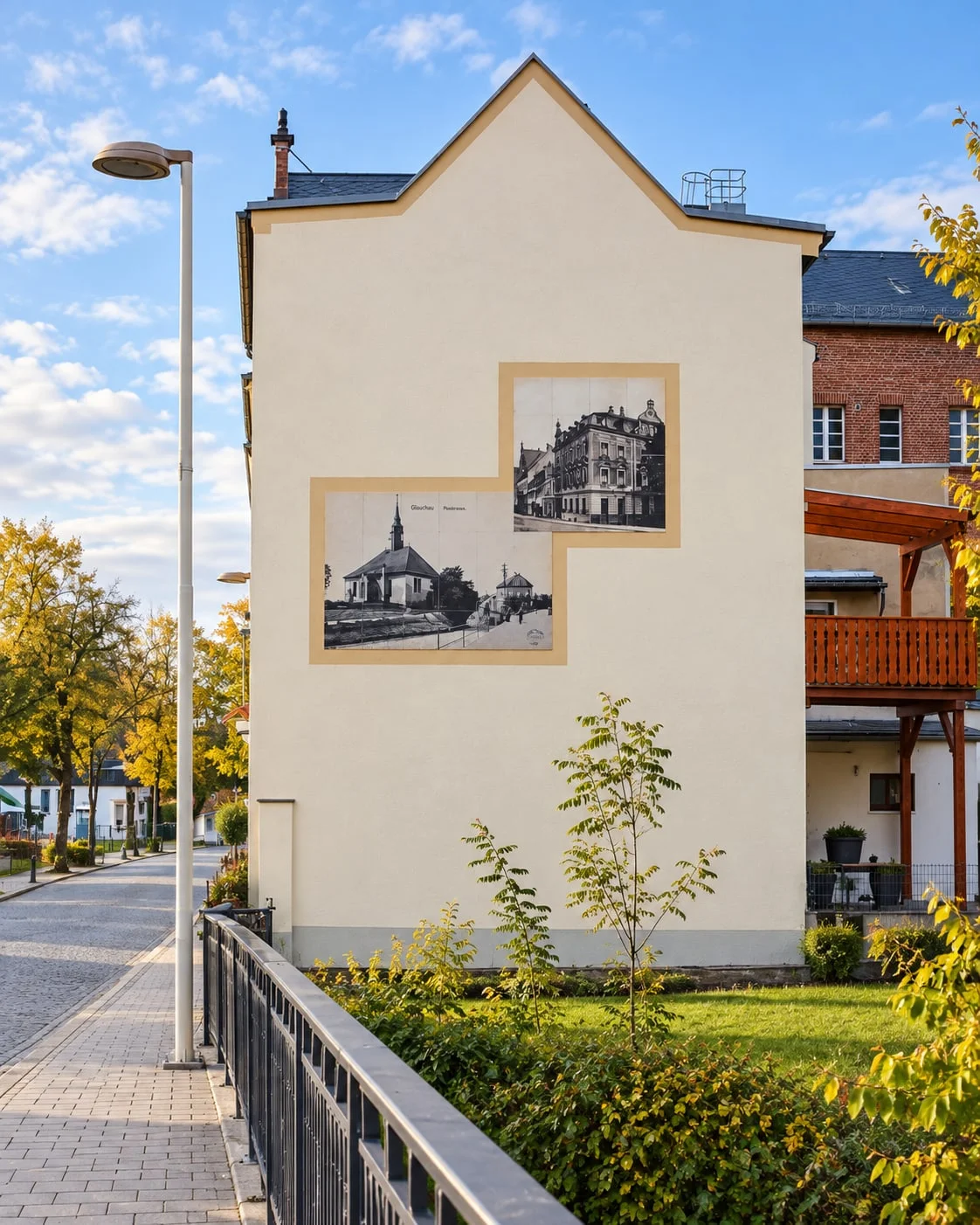 Hausfassade mit zwei eingelassenen Bildtafeln, die historische Fotografien einer Kirche und eines Gebäudes zeigen