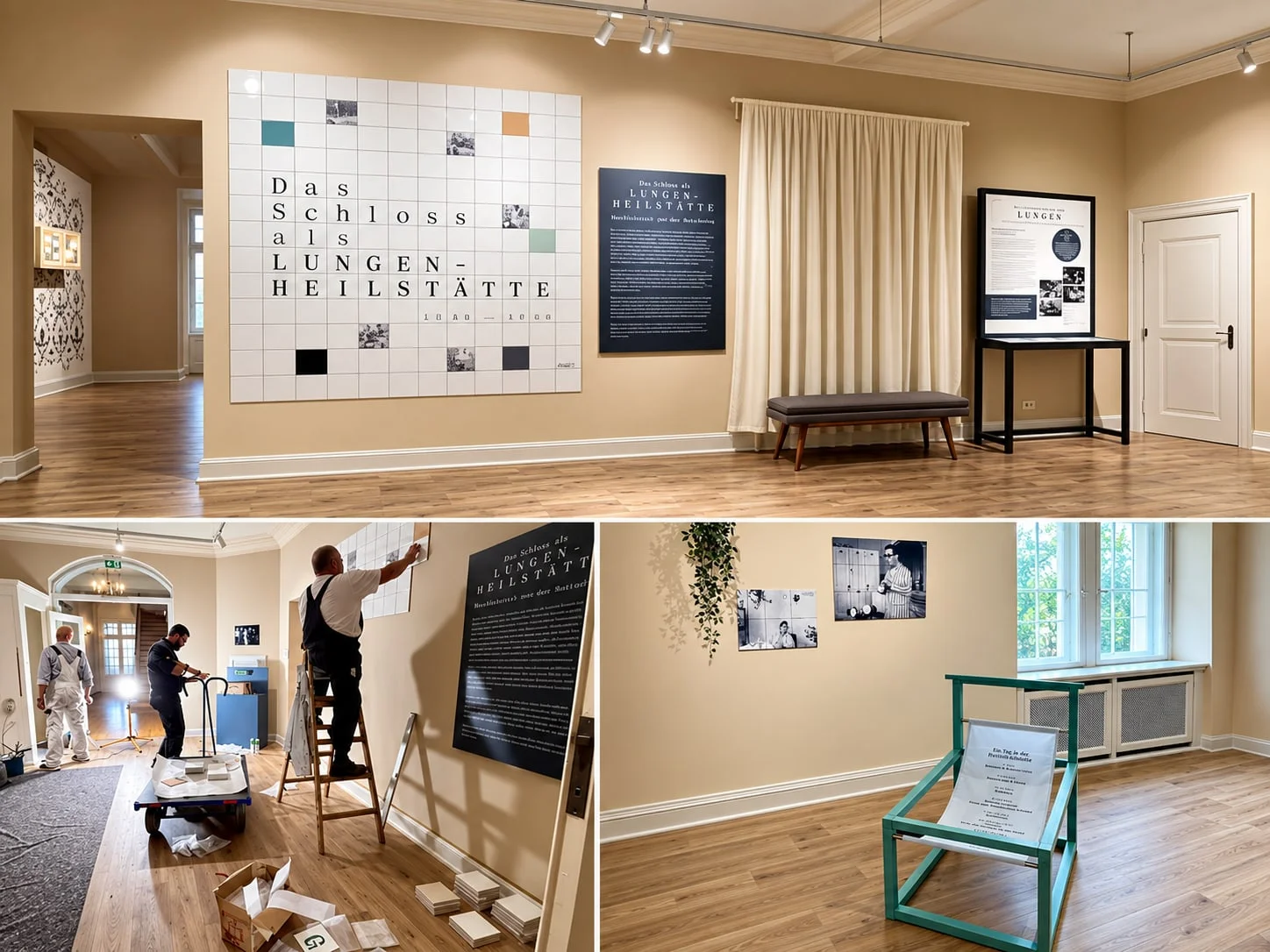 Ausstellungsraum mit großer Wandtafel aus Fliesen mit Text; darunter Aufnahmen der Montage