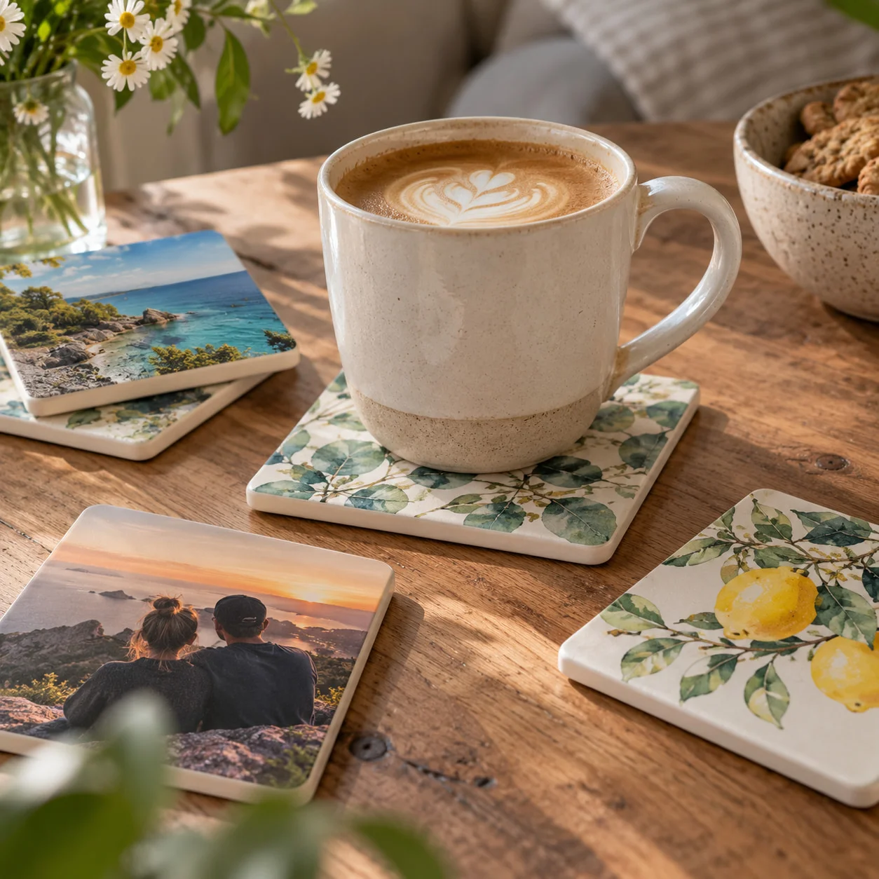 Kaffeetasse auf einem Keramik-Untersetzer mit Blättermotiv, daneben Untersetzer mit Urlaubsfoto, Paarfoto und Zitronenmotiv auf einem Holztisch