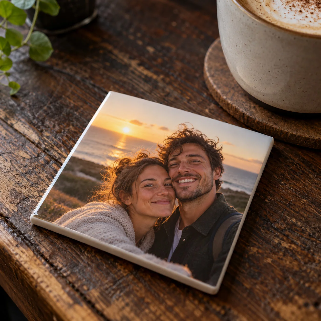 Keramik-Untersetzer mit dem Foto eines lachenden Paares im Sonnenuntergang am Meer auf einem Holztisch