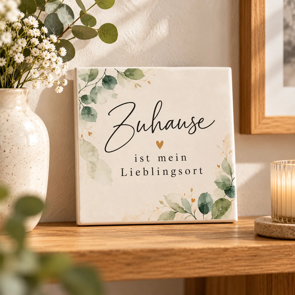 Keramikfliese mit dem Schriftzug „Zuhause ist mein Lieblingsort“ und Eukalyptusblättern, aufgestellt auf einem Regal