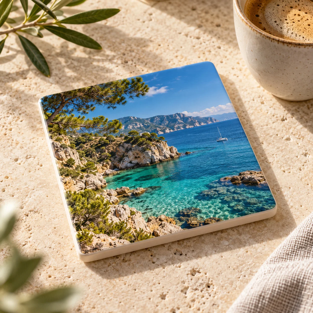 Keramik-Untersetzer mit Foto einer Mittelmeerbucht mit türkisfarbenem Wasser und Segelboot, daneben eine Tasse Kaffee