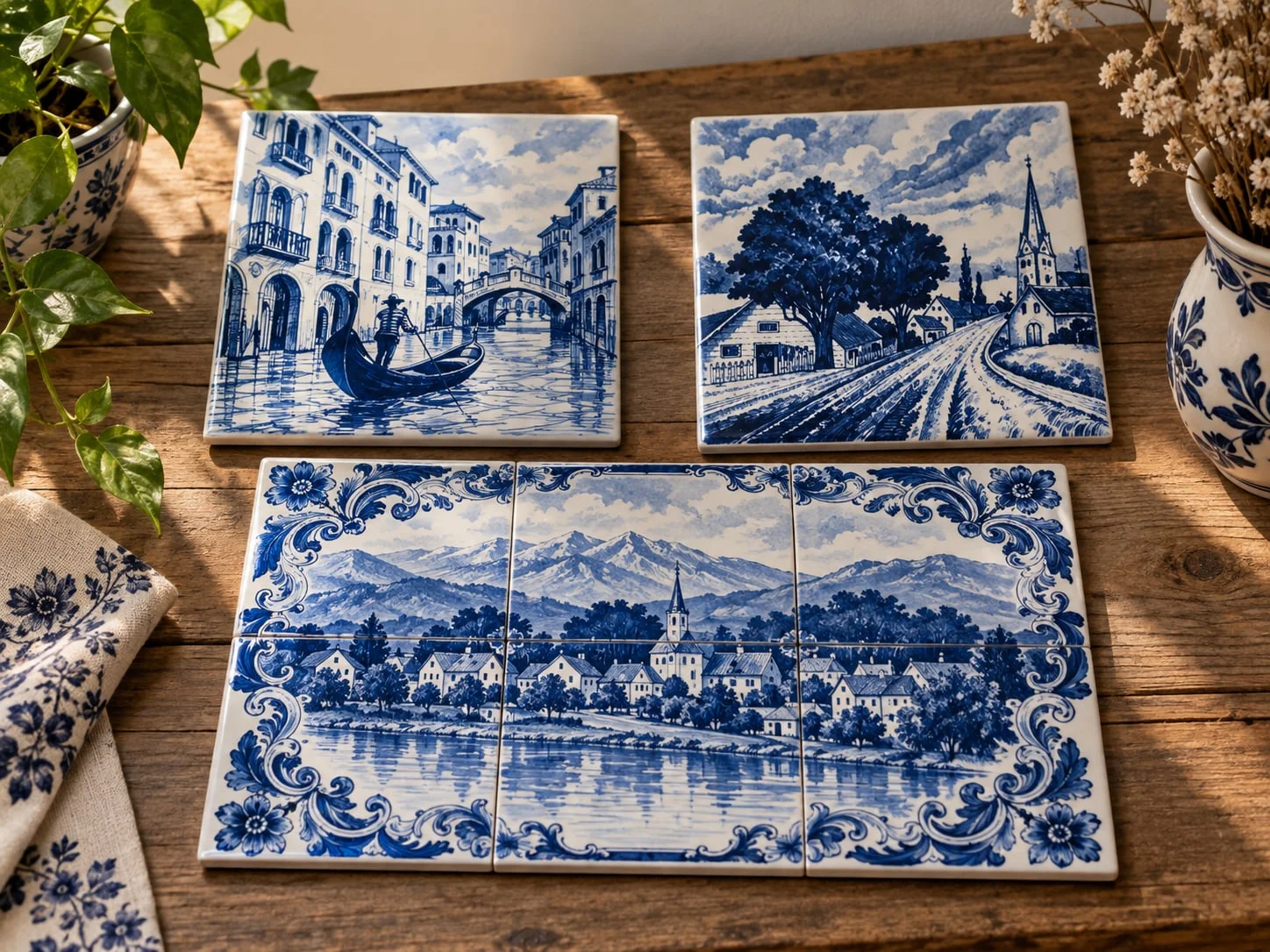 Drei blau-weiße Fliesen mit Stadt-, Baum- und Landschaftsmotiven auf einem Holztisch