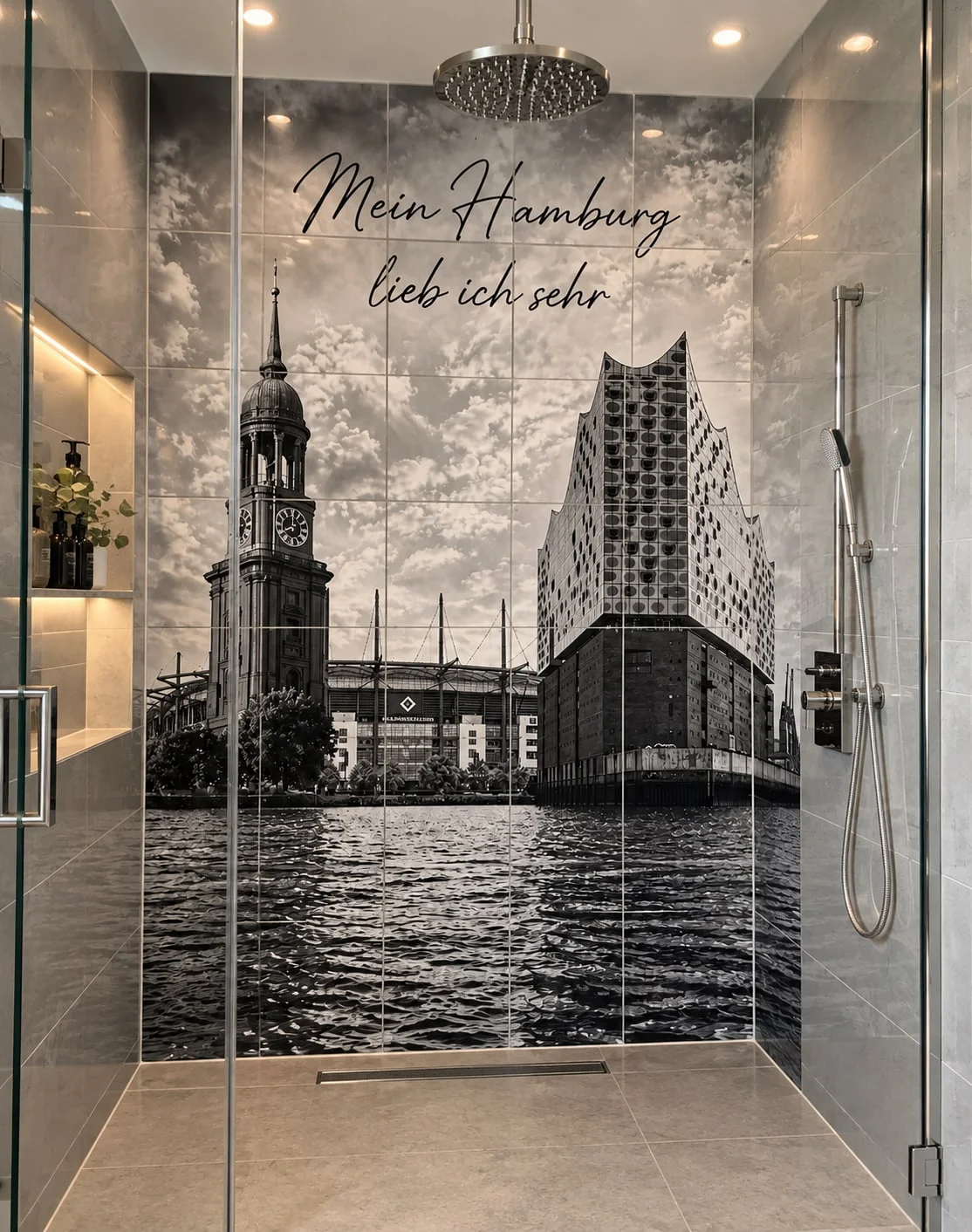 Dusche mit schwarz-weißem Hamburg-Motiv und dem Schriftzug „Mein Hamburg lieb ich sehr“ auf der Rückwand
