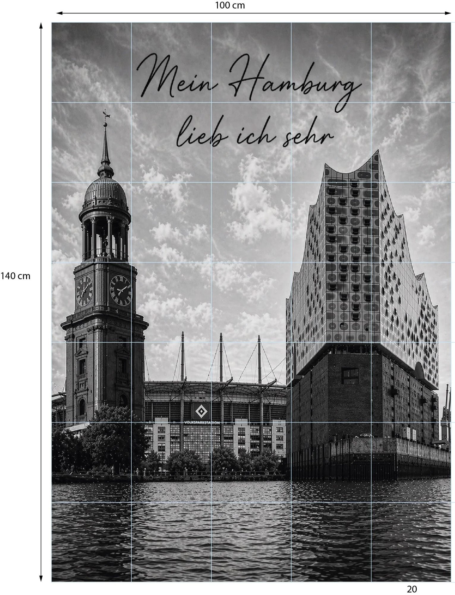 Gestaltungsvorlage: schwarz-weißes Hamburg-Motiv auf einem Fliesenraster mit den Maßen 100 × 140 cm