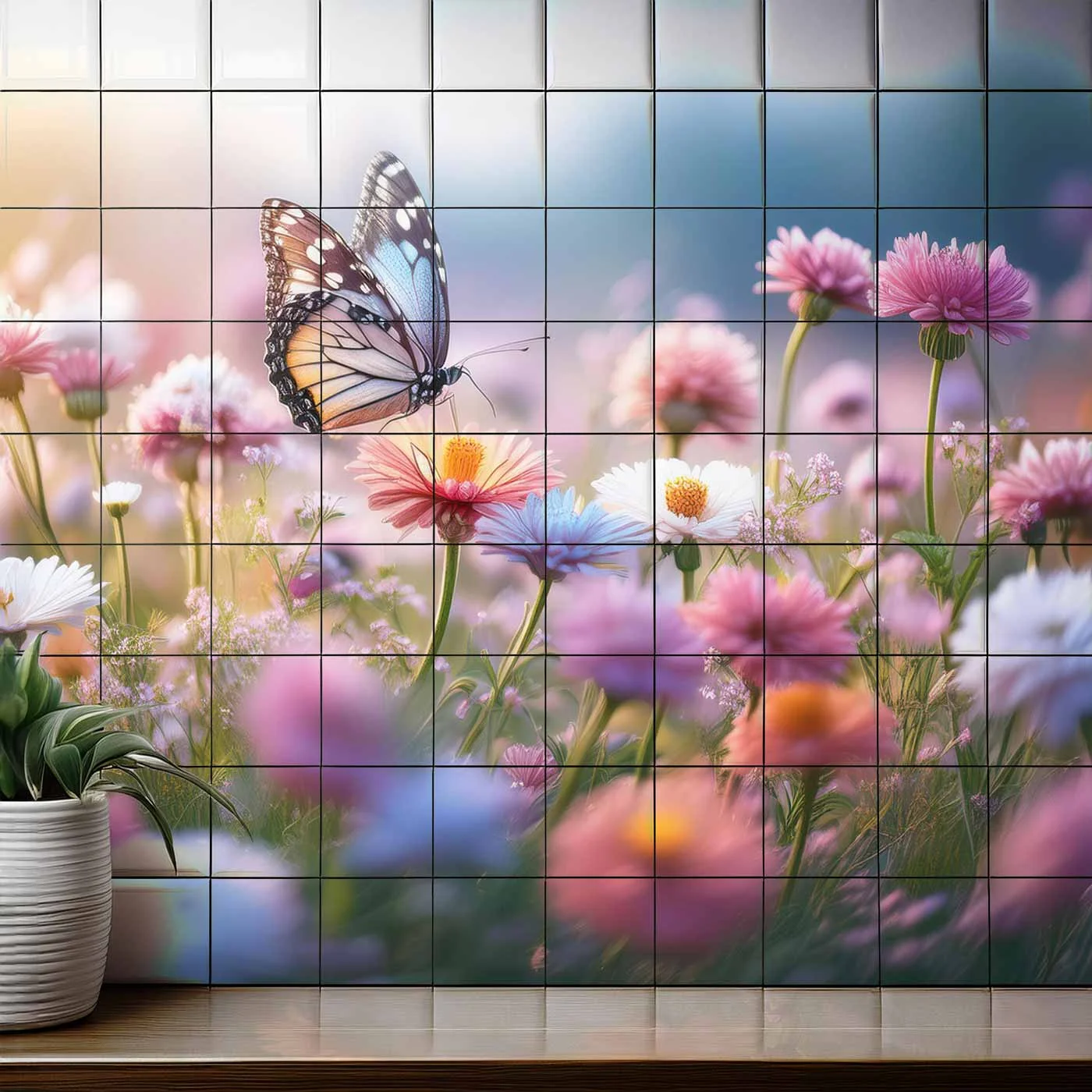 Individuell bedruckte Küchenfliesen mit Schmetterling und Blumenmotiv – personalisierte Fotofliesen von 7color