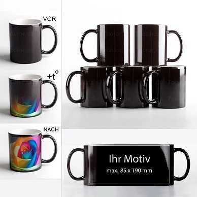 Schwarze Tasse bei der das Motiv sichtbar wird, wenn die Tasse erwärmt wird.