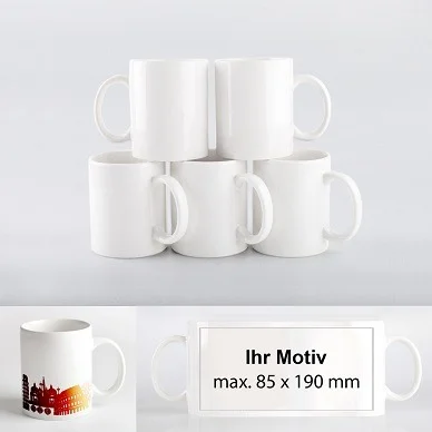 Weiße Tassen zum Bedrucken sowie Tassen mit Stadtmotiv und Vorlage „Ihr Motiv"