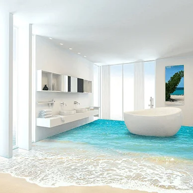 Modernes Badezimmer mit 3D-Bodenfliese: türkisfarbenes Meer und Sandstrand reichen bis zur Badewanne