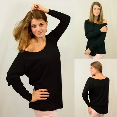 Schwarzes Langarmshirt in Vorder-, Seiten- und Rückansicht