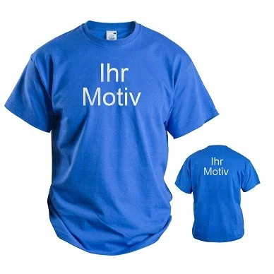 Blaues T-Shirt mit Aufdruck „Ihr Motiv" auf Vorder- und Rückseite