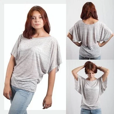 Graues, weit geschnittenes Damenshirt in Vorder- und Rückansicht