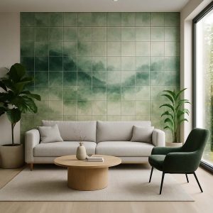Moderne Keramikfliesenwand im Wohnzimmer mit einem abstrakten, naturnahen Design, das Harmonie und Stil in den Raum bringt.
