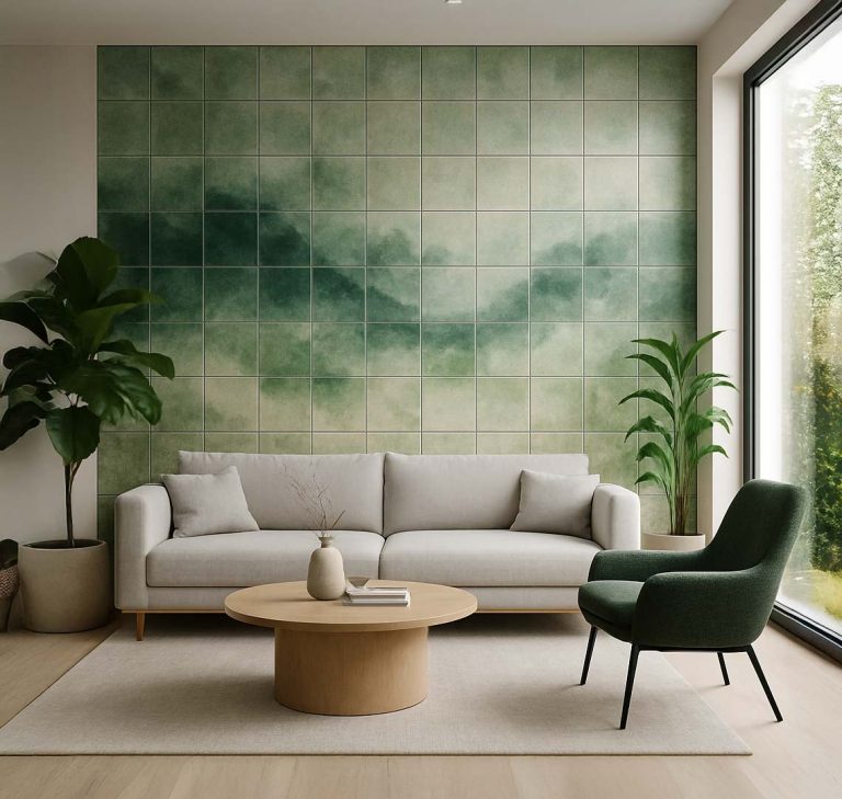 Moderne Keramikfliesenwand im Wohnzimmer mit einem abstrakten, naturnahen Design, das Harmonie und Stil in den Raum bringt.