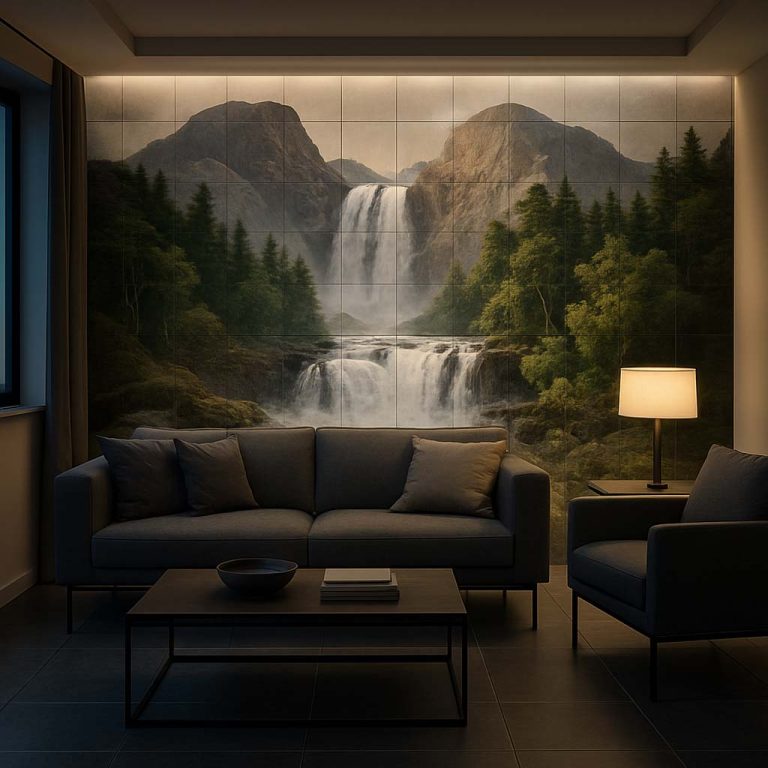 Keramikfliesenwand im Wohnzimmer mit einem beeindruckenden Wasserfallmotiv, das eine ruhige und entspannende Atmosphäre schafft.